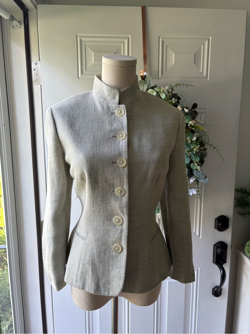 Ralph Lauren Vintage 90’s 100% Linen Gray-Beige Herringbone Stand-Collar Jacket